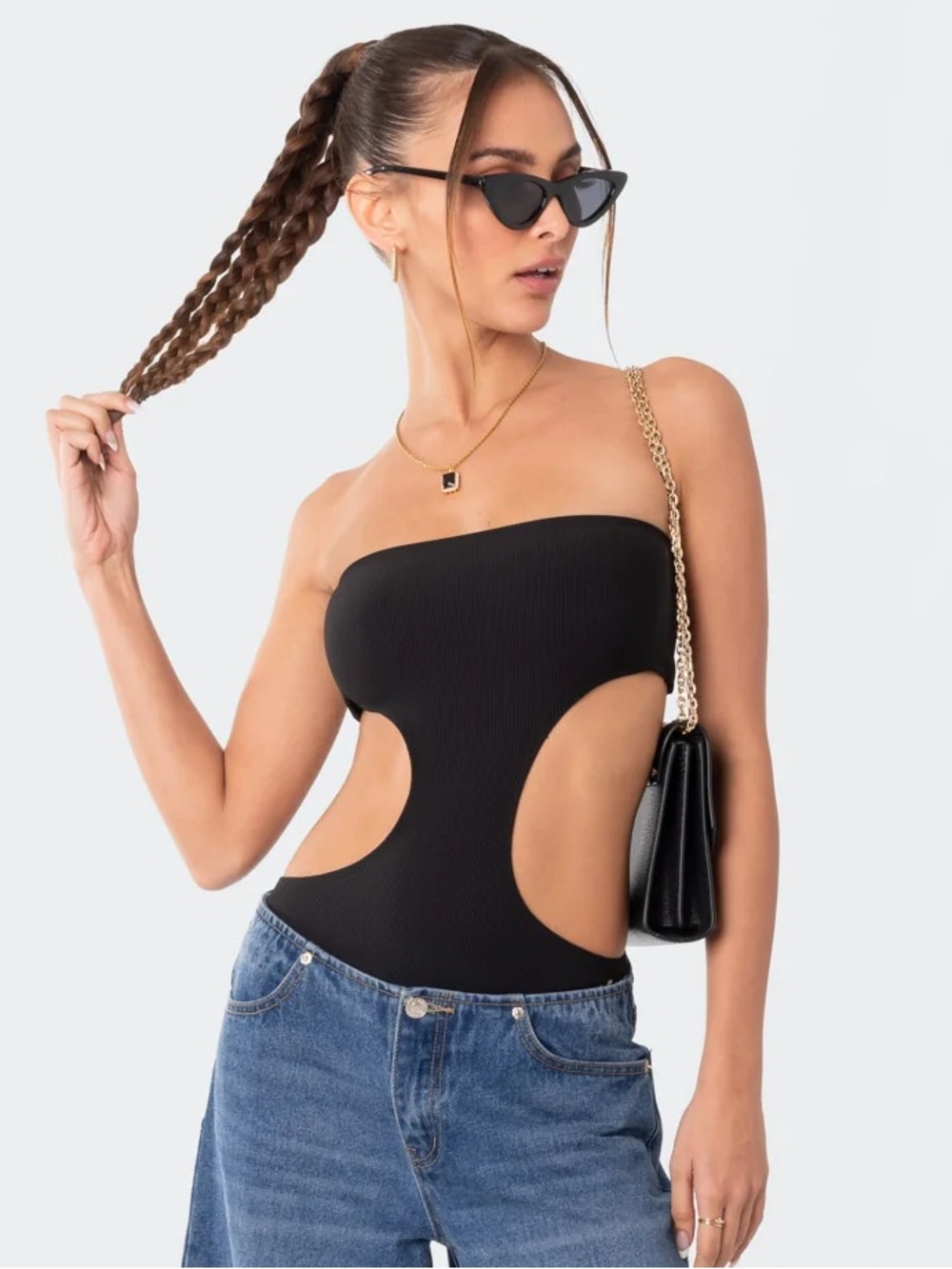 edikted vivie ribbed cut out bodysuit black